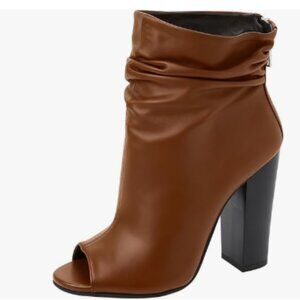 FSJ Brown Stylish Peep Toe Slouch Ankle Boots Chunky Stacked Heels Dress Shoes